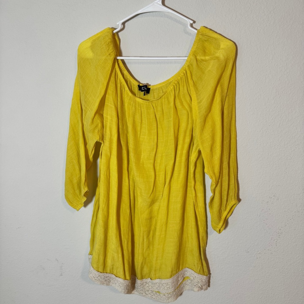 ICY Fashion Womens 2XL Yellow Gauze Peasant Blouse 3/4 Sleeve Crochet Lace‎ Trim